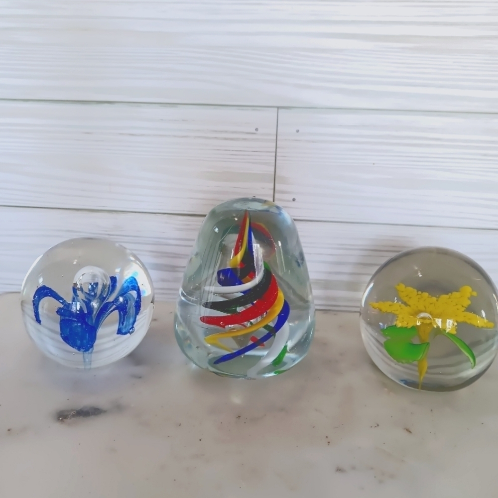 Lot of 3 Beautiful vintage glass paperweights Rainbow, Blue, Yellow